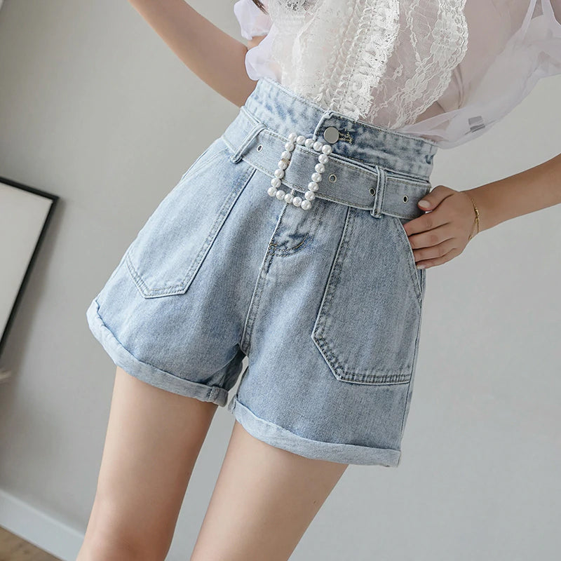 Pearl Belt Wide Leg Denim Shorts Jeans