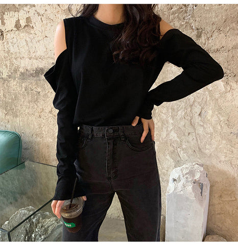 Cut Off Shoulder Long Sleeve Casual Shirt