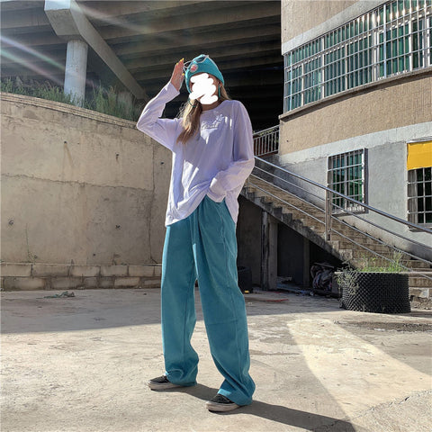 Elastic Waist Blue Corduroy Long Pants