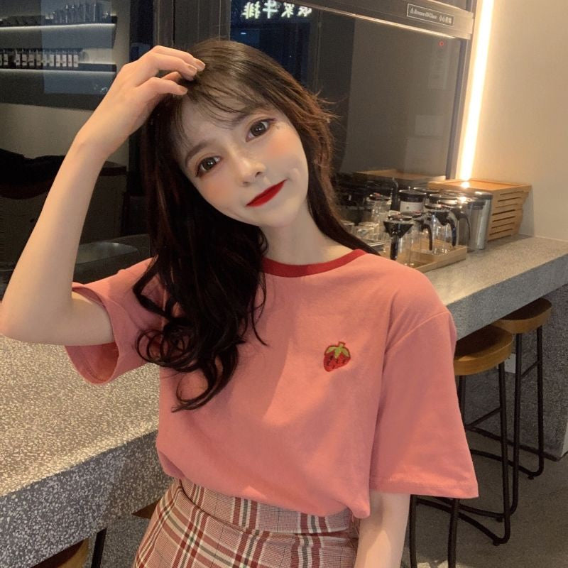 Cute Strawberry Embroidered Shirt