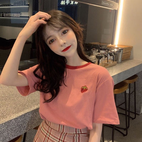 Cute Strawberry Embroidered Shirt