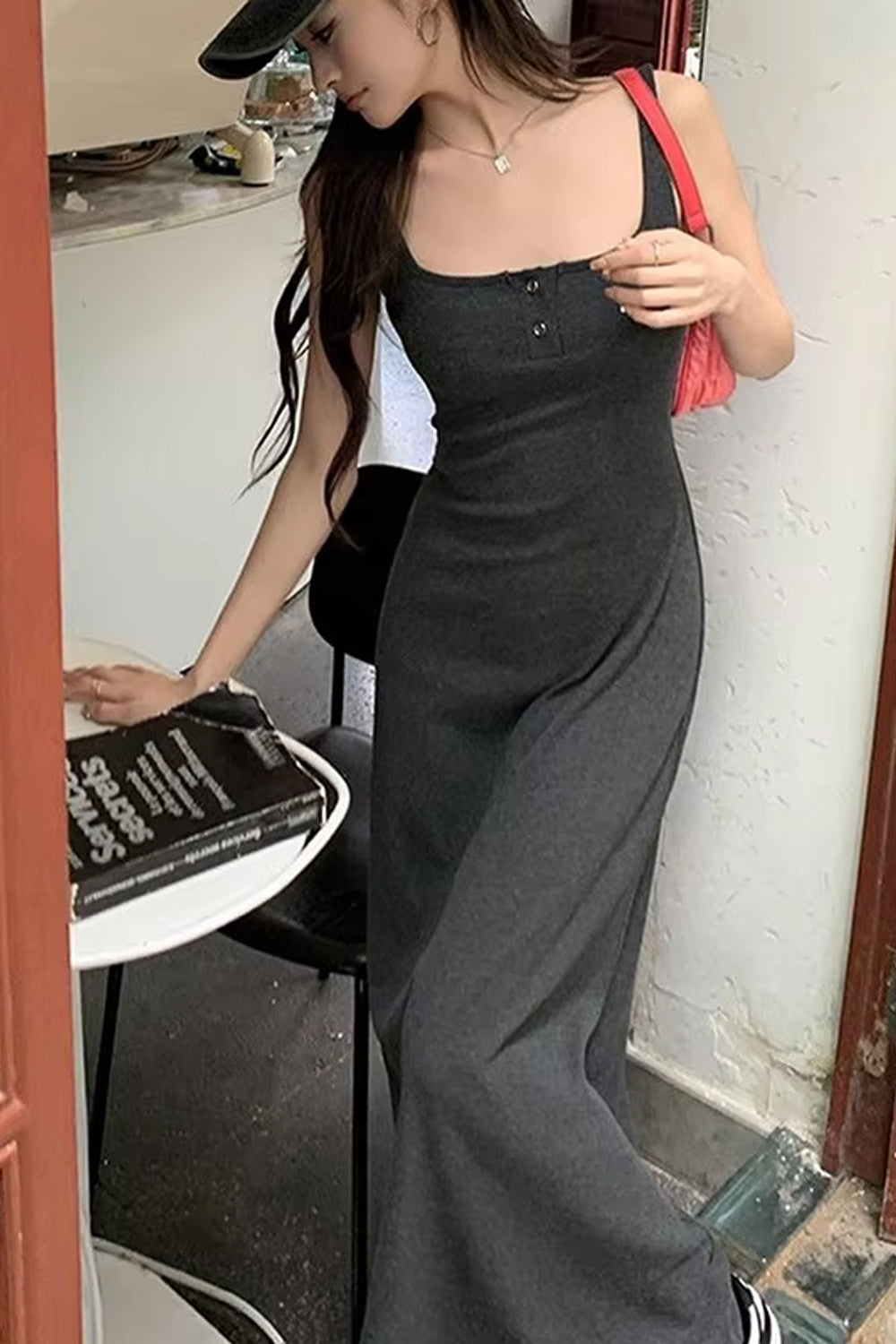 Square Collar Buttons Sleeveless Off Shoulder Long Dress