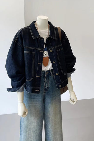 Long Sleeve Vintage Dark Blue Jeans Jacket