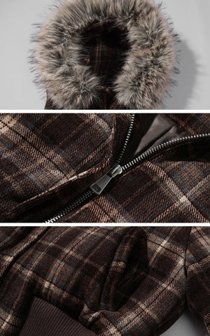 Structured Plaid Down Jacket with Detachable Fur Hood