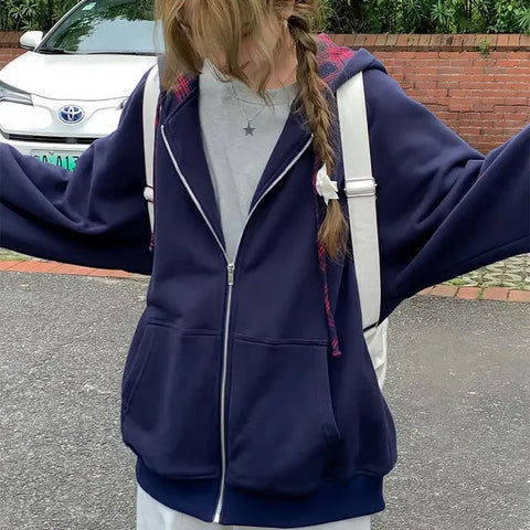 Long Sleeve Plaid Adjustable Zipper Hooded Sweatshirt