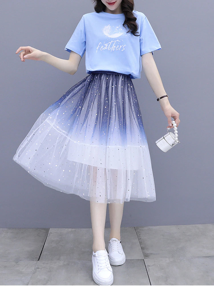 2 Piece Set Gradient Mesh Skirts With Shirt