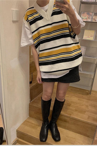 Striped V-Neck Sleeveless Knitted Vest Sweater