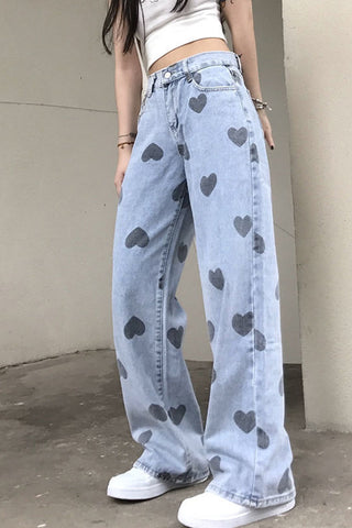 High Waist Heart Printed Long Jeans Pants