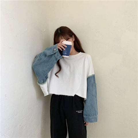 Denim Stitching Round Neck Vintage Sweatshirt