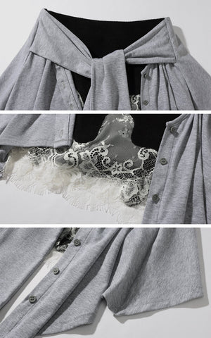 Gray Asymmetric Skirt with Lace Panel and Tie Detail