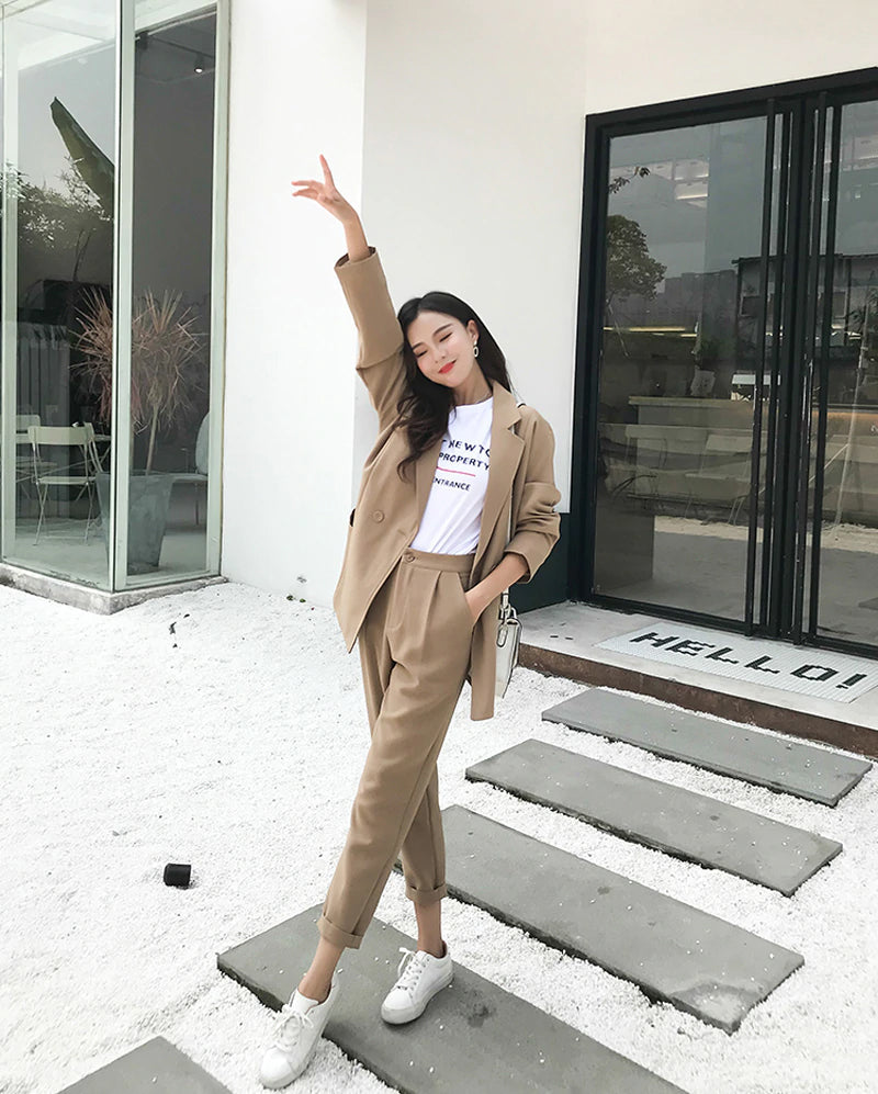 Casual Solid Blazer Coat and Pants Set