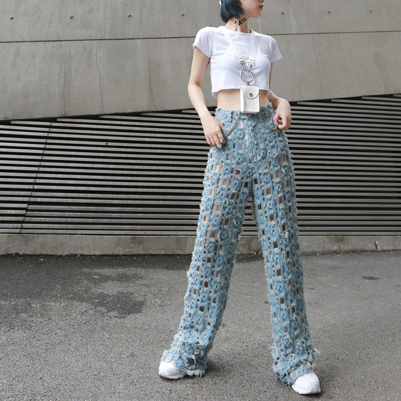 High Elastic Waist Retro Hole Hollow Out Pants