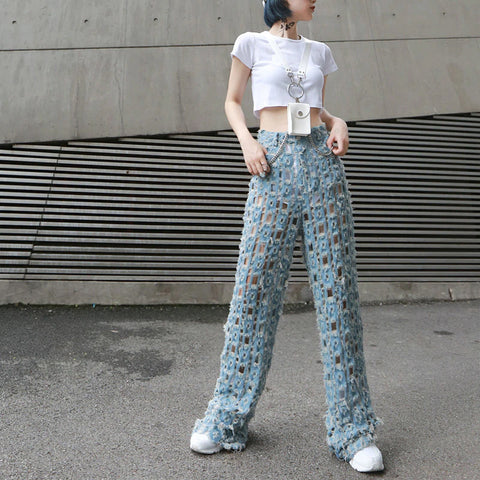 High Elastic Waist Retro Hole Hollow Out Pants