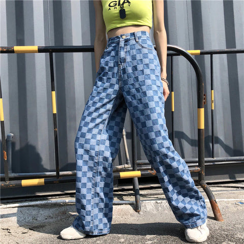 High Waist Vintage Wide Leg Plaid Pants