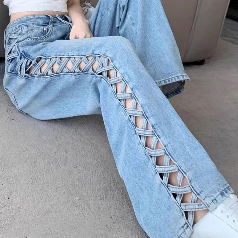 High Waist Side Cross Hollow Out Jeans Pants