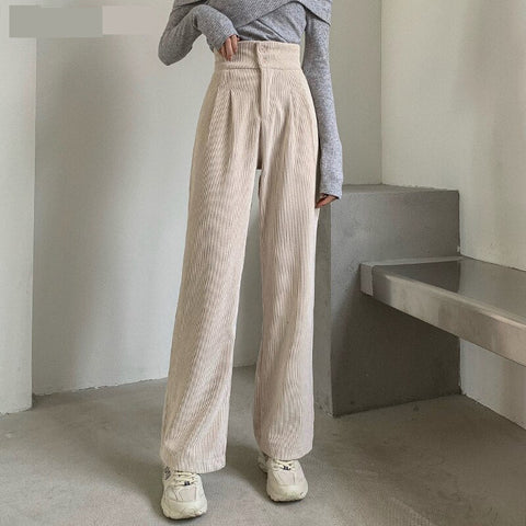 High Waist Double Button Long Casual Corduroy Pants