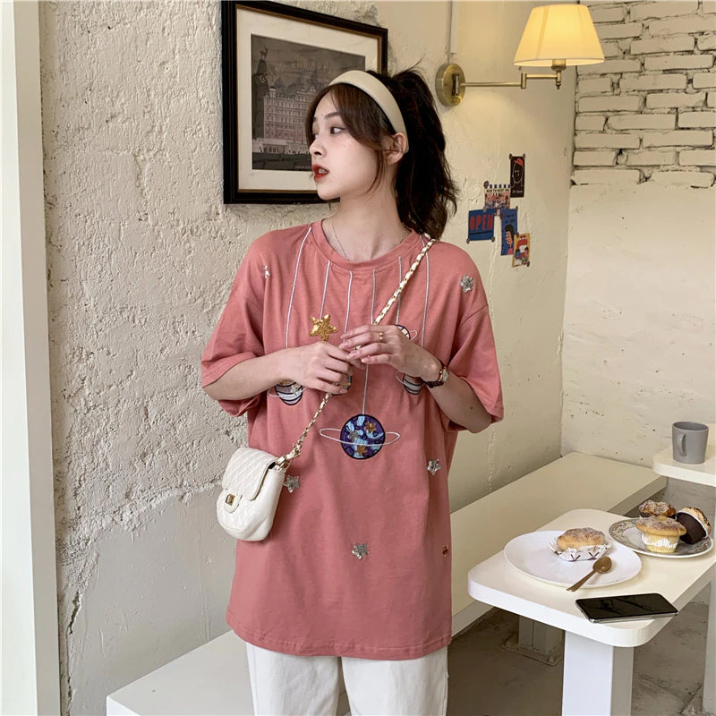 Cartoon Planets Embroidered Loose Shirt