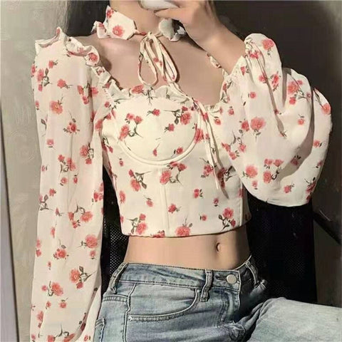 Sexy Long Sleeve Florals Elegant Crop Tops
