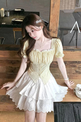 Vintage Square Collar Yellow Striped Blouse Shirts