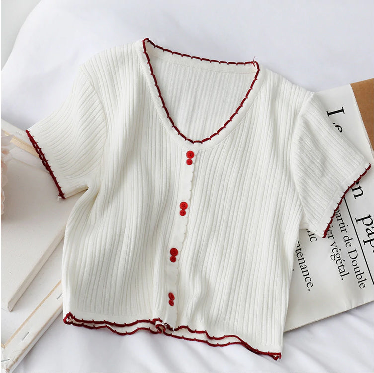 Button Up V-Neck Knitted Crop Tops