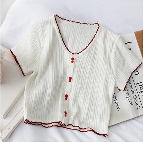 Button Up V-Neck Knitted Crop Tops