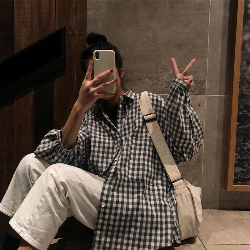 Retro Plaid Long Sleeve Loose Shirt