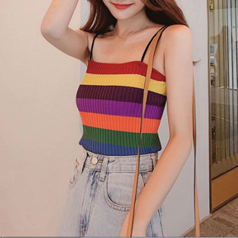 Rainbow Striped Straps Camis Knitted Tank Top