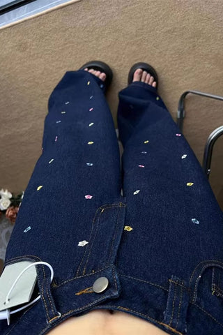 High Waist Little Daisy Embroidered Long Jeans Pants