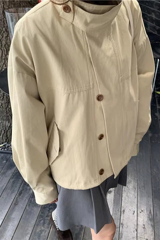 Solid Stand Collar Style Button Basic Coat Jacket