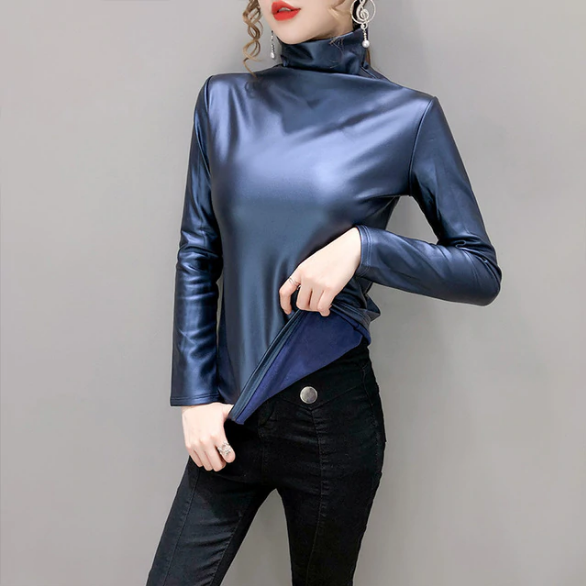 Long Sleeve Turtleneck Leather Tops