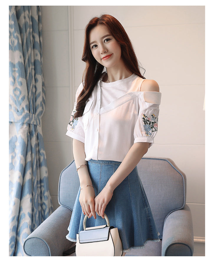 Camisa blusa con bordado de flores a rayas 