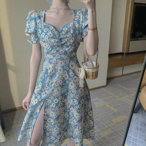 Flowers Pattern Puff Sleeve Split Dress