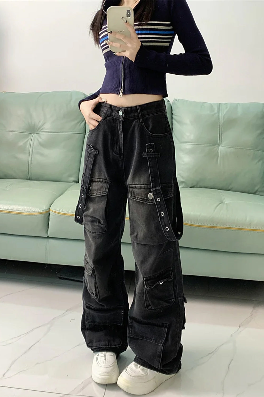 Washed Black Cargo Multi Pockets Long Pants