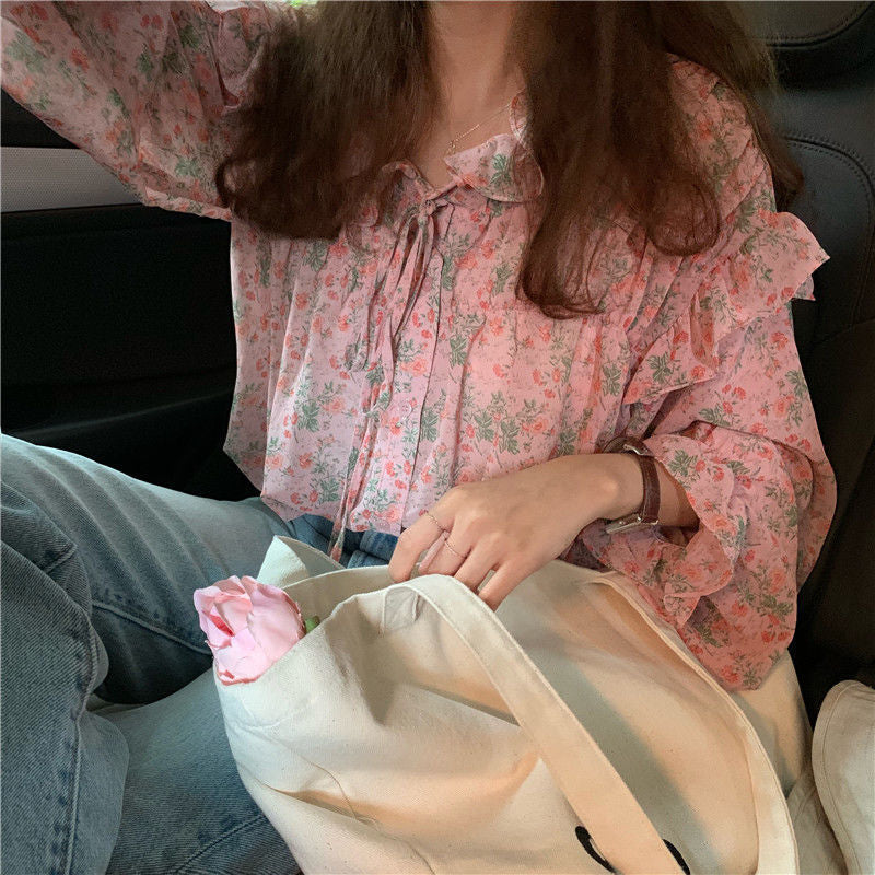 Long Sleeve Ruffled Style Flowers Blouse Shirt