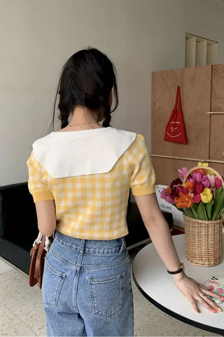 Short Sleeve Drawstring Cute Plaid Doll Collar Shirt
