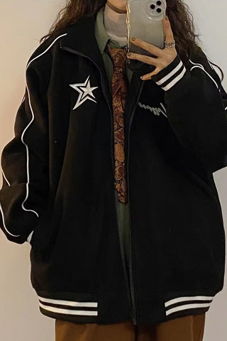 Star Letter Embroidery Stand Neck Retro Jacket