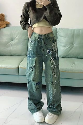 Loose Graffiti Pattern Cargo Pockets Jeans Pants