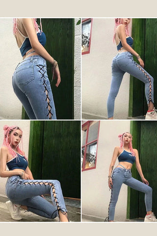 Sexy Skinny-Long-Jeans mit hoher Taille und seitlicher Schnürung