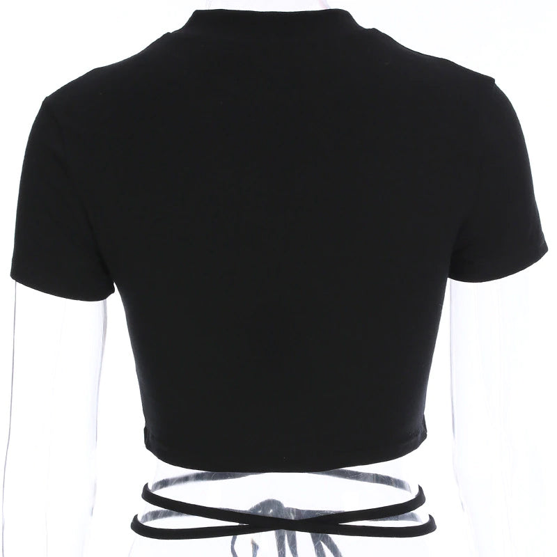 Sexy Belted Cropped Slim Black Shirt
