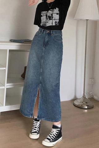 High Waist Front Split A-Line Denim Skirts