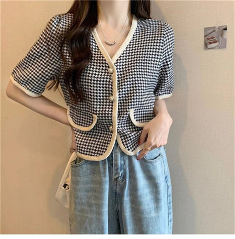 Short Sleeve Houndstooth Pearl Button Blouse Shirts