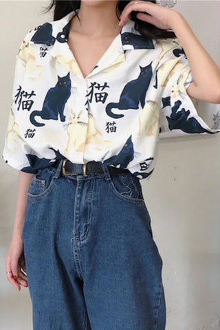 Short Sleeve Cute Cat Pattern Blouse Shirt