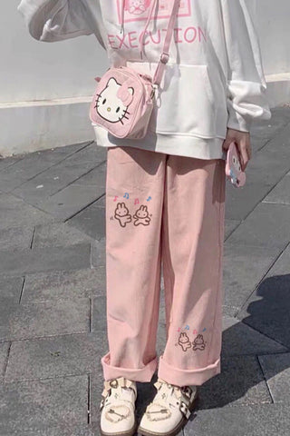 High Waist Cute Cartoon Pink Corduroy Pants