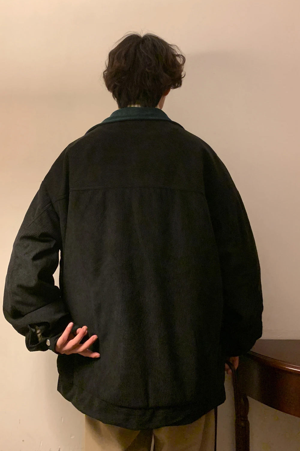 Loose Black Color Turn Down Collar Corduroy MEN Jacket