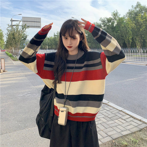 Retro Color Striped Loose Sweater