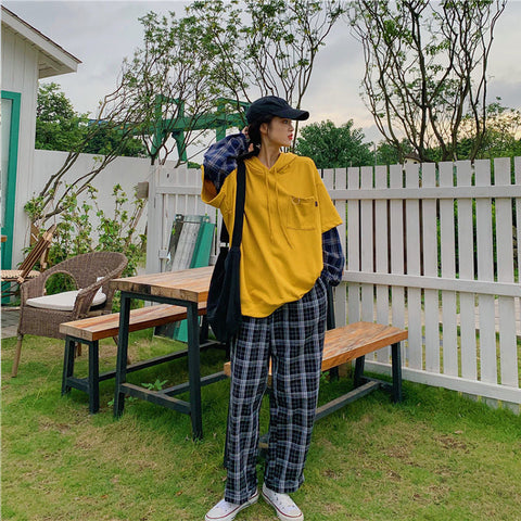 Long Sleeve Fake Two Piece Hooded Sleeve Plaid