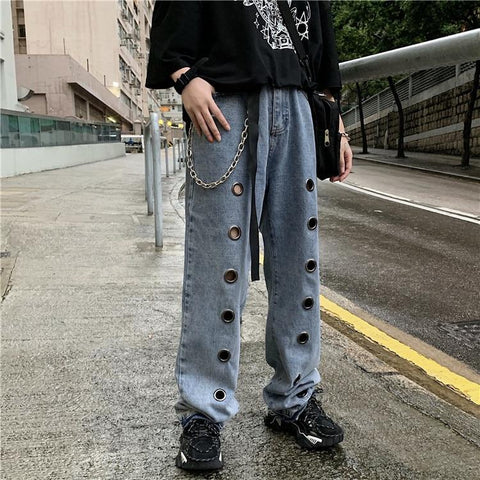 High Waist Loose Eyelets Hollow Out Jeans