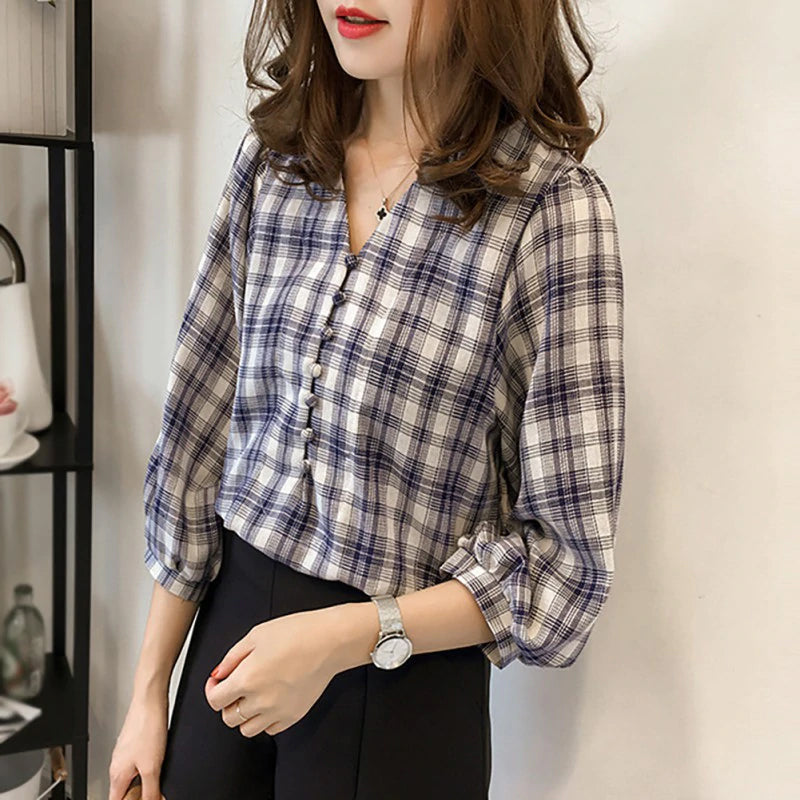 Three Quarter Sleeve Plaid Blouse Shirt