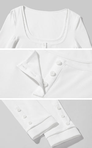 Layered Effect Long Sleeve Top Square Neck Button Detail Tee