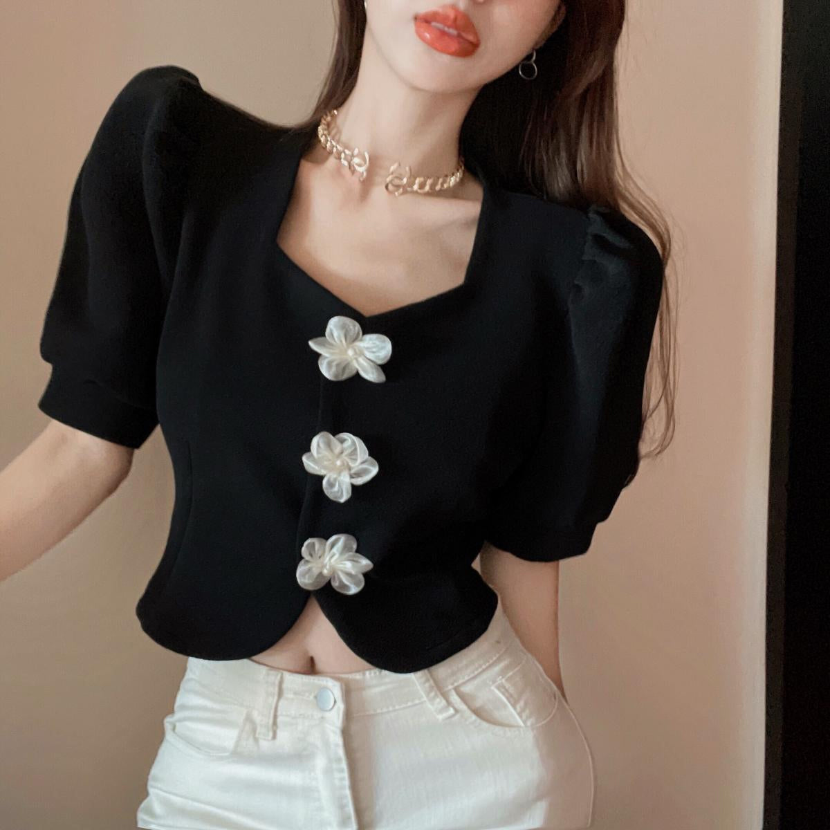 Puff Sleeve Flowers Button Office Blouse Shirt
